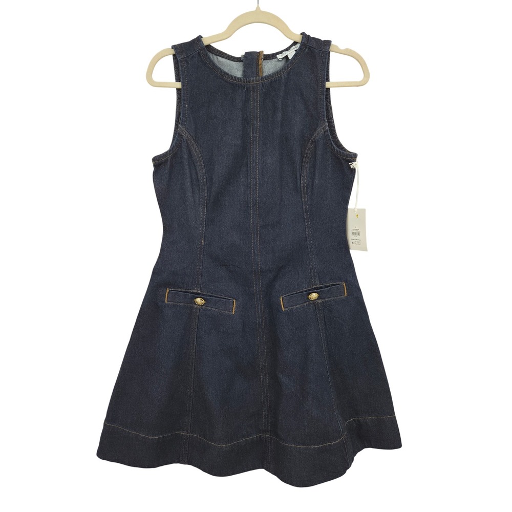 NWT Free Assembly Womens Dark Wash Denim Sleeveless Mini Dress Gold Buttons 4